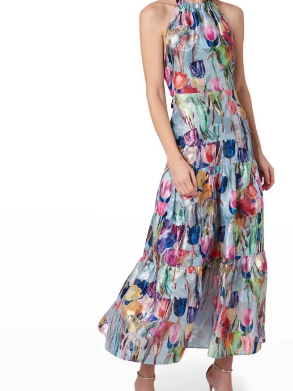Milly Hayden Halter Maxi Dress in Light Blue Multi-Color Floral silk blend